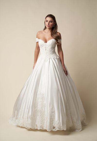 Regal Off-The-Shoulder Embellished Satin Ball Gown With Buttons by Danielle Caprese