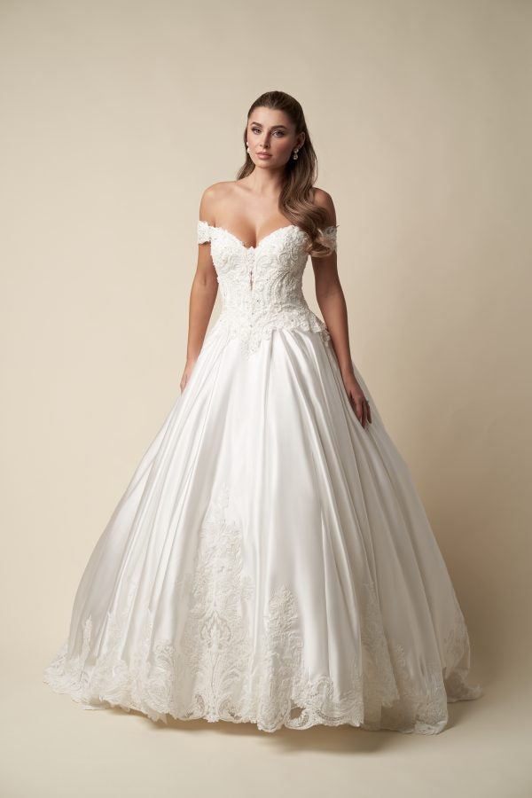 Regal Off-The-Shoulder Embellished Satin Ball Gown With Buttons by Danielle Caprese - Image 1