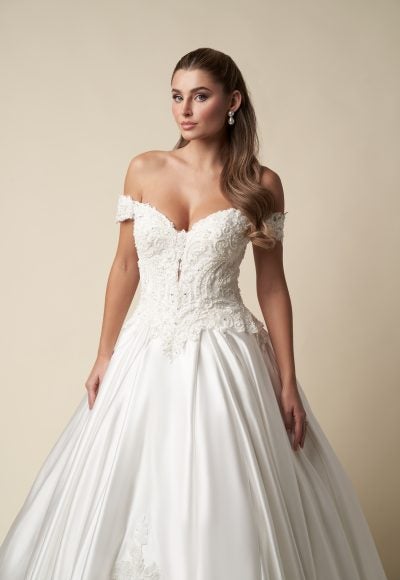 Regal Off-The-Shoulder Embellished Satin Ball Gown With Buttons by Danielle Caprese - Image 2