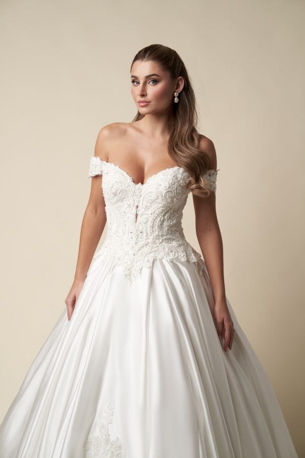 Regal Off-The-Shoulder Embellished Satin Ball Gown With Buttons by Danielle Caprese - Image 2