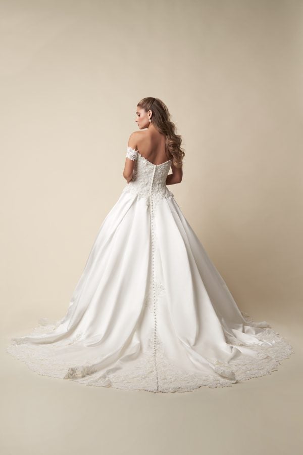 Regal Off-The-Shoulder Embellished Satin Ball Gown With Buttons by Danielle Caprese - Image 3