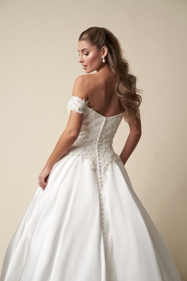 Regal Off-The-Shoulder Embellished Satin Ball Gown With Buttons by Danielle Caprese - Image 4