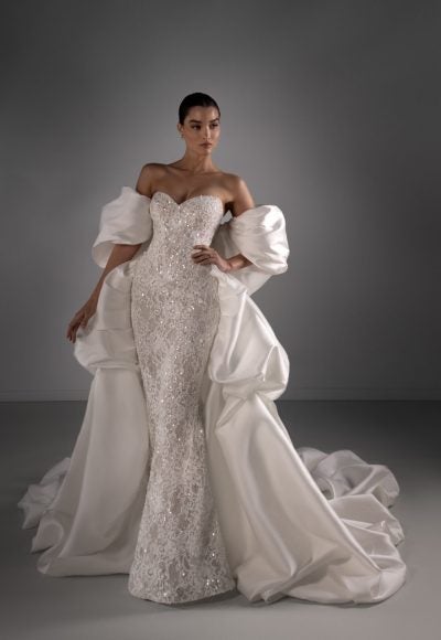 Embellished Lace Sheath Wedding Dress With Detachable Shawl And Overskirt by Martina Liana Luxe - Image 7