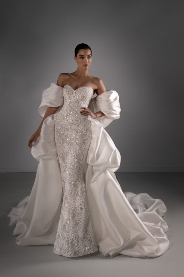 Embellished Lace Sheath Wedding Dress With Detachable Shawl And Overskirt by Martina Liana Luxe - Image 7