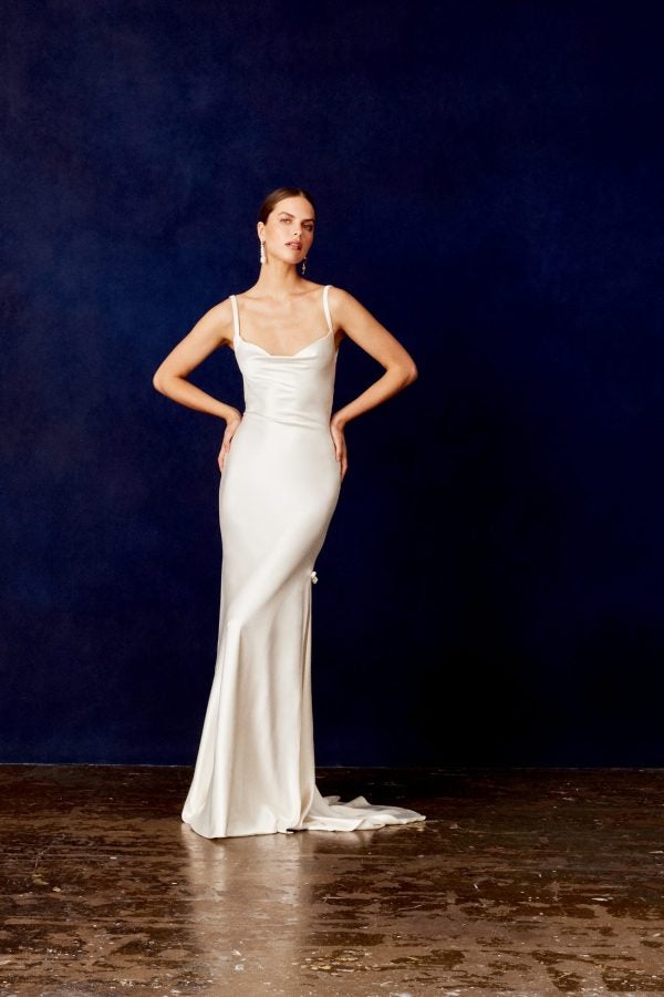 Chic And Simple Silk Satin Sheath Wedding Dress With Bows by Savannah Miller - Image 1