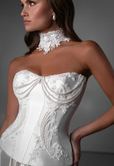 Beaded Pearl‑Draped A‑Line Gown In Silk Satin by Martina Liana Luxe - Image 2