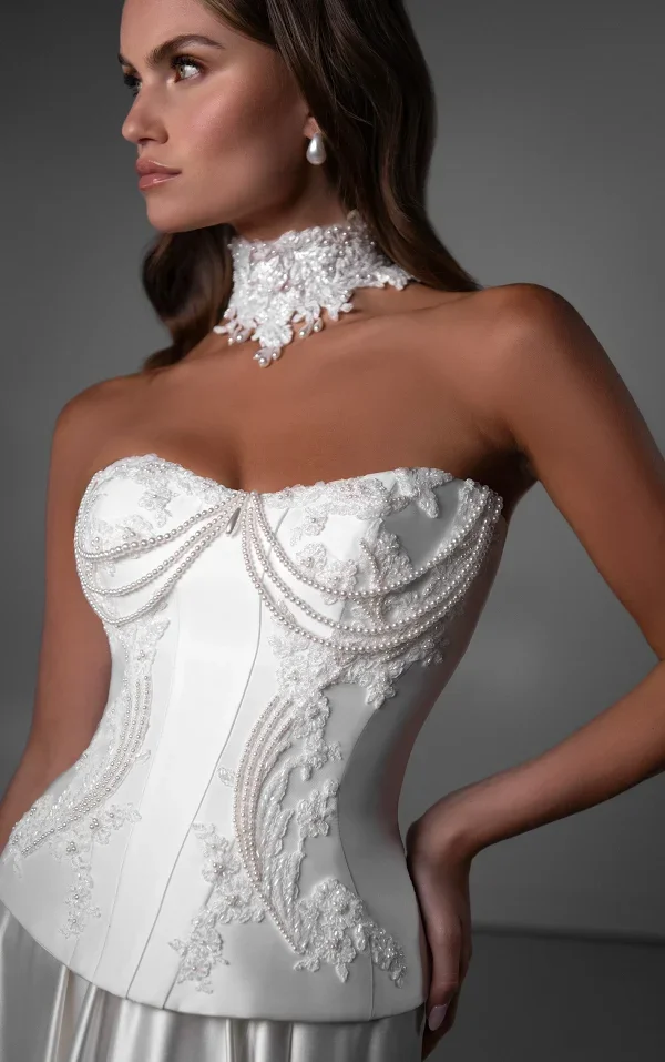 Beaded Pearl‑Draped A‑Line Gown In Silk Satin by Martina Liana Luxe - Image 2