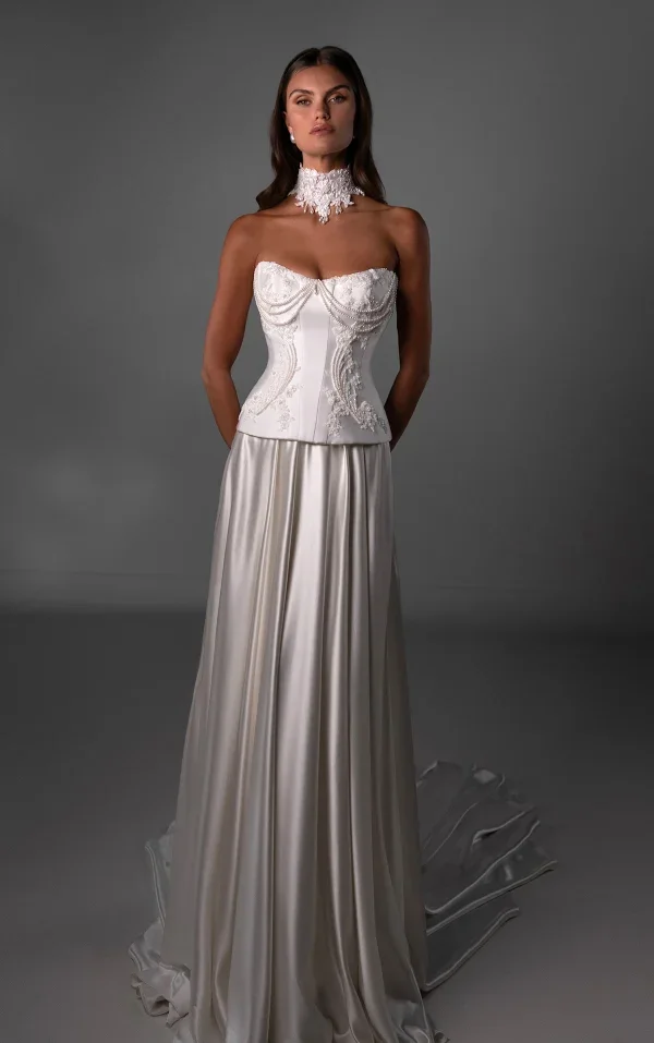 Beaded Pearl‑Draped A‑Line Gown In Silk Satin by Martina Liana Luxe - Image 1