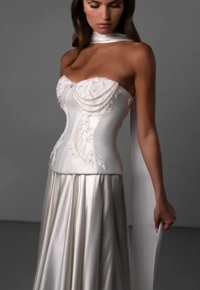 Beaded Pearl‑Draped A‑Line Gown In Silk Satin by Martina Liana Luxe - Image 3