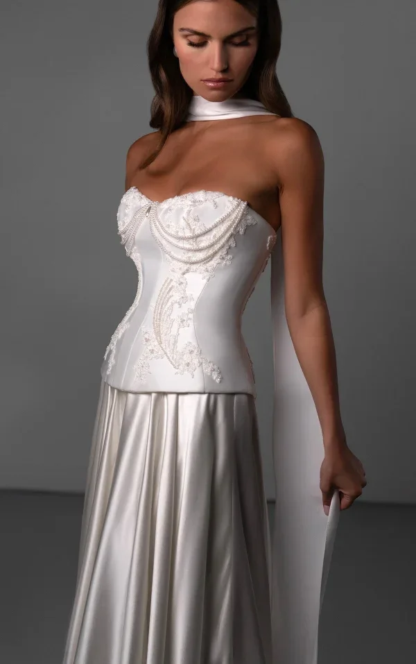 Beaded Pearl‑Draped A‑Line Gown In Silk Satin by Martina Liana Luxe - Image 3