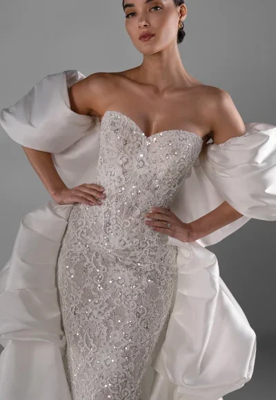 Embellished Lace Sheath Wedding Dress With Detachable Shawl And Overskirt by Martina Liana Luxe - Image 2