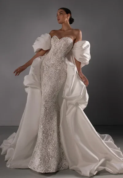 Embellished Lace Sheath Wedding Dress With Detachable Shawl And Overskirt by Martina Liana Luxe
