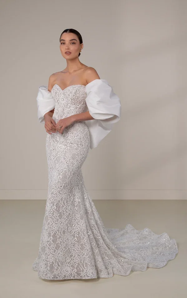 Embellished Lace Sheath Wedding Dress With Detachable Shawl And Overskirt by Martina Liana Luxe - Image 5