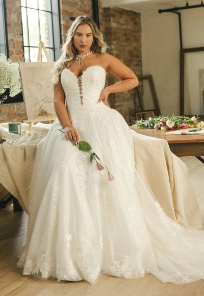 Plus-Size Strapless Sparkly Lace A-Line Wedding Dress With Buttons by Maggie Sottero