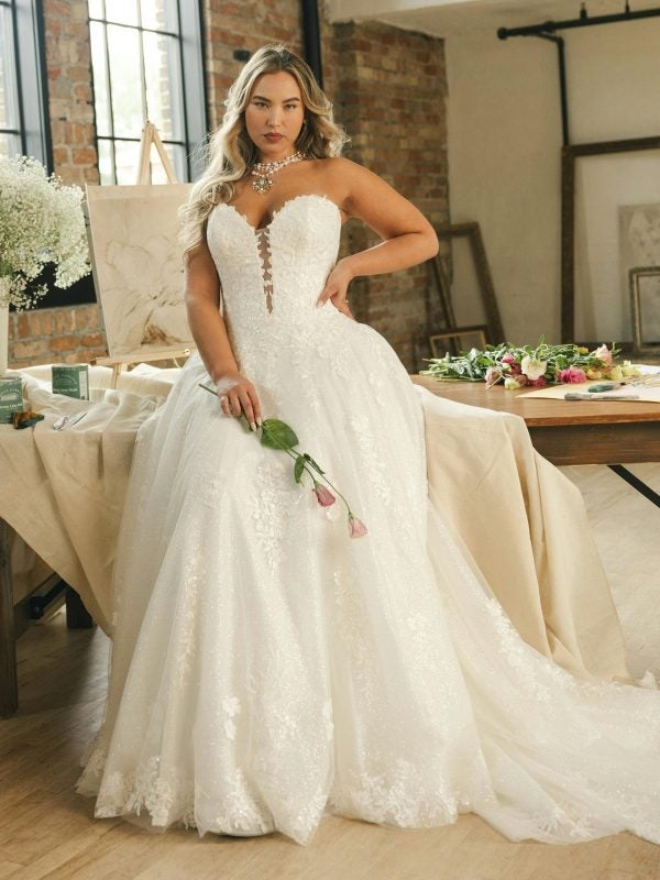 Plus-Size Strapless Sparkly Lace A-Line Wedding Dress With Buttons by Maggie Sottero - Image 1