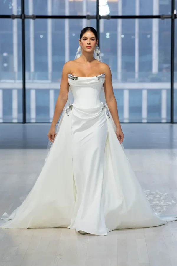Sculpted Fit-and-Flare Wedding Dress With Embellishments by Nicole + Felicia - Image 1