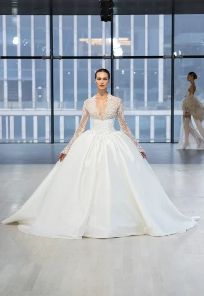 Long-Sleeve Lace Bodice Ball Gown by Nicole + Felicia