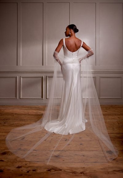 Chic And Simple Scoop-Neck Sheath Wedding Dress With Open Back And Cape by Savannah Miller - Image 2