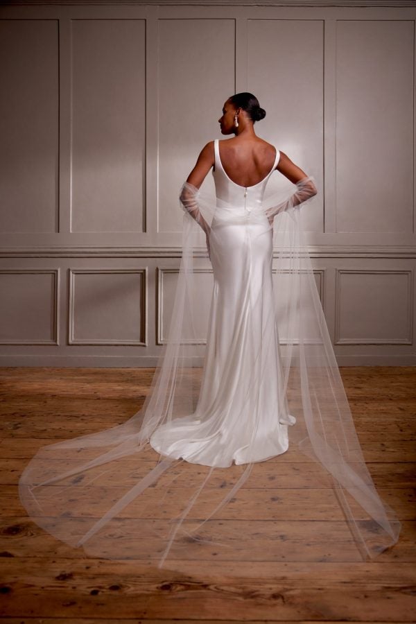 Chic And Simple Scoop-Neck Sheath Wedding Dress With Open Back And Cape by Savannah Miller - Image 2