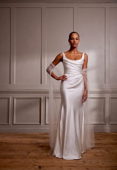 Chic And Simple Scoop-Neck Sheath Wedding Dress With Open Back And Cape by Savannah Miller