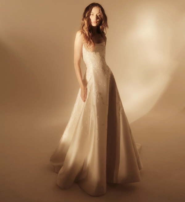 Embroidered Silk Wool A‑Line Gown With Modern Neckline by Enaura Bridal - Image 1
