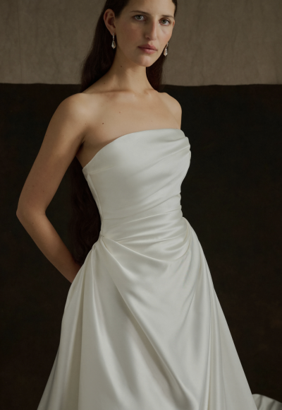 Strapless Satin A‑Line Wedding Dress With Flowing Train by Enaura Bridal - Image 2