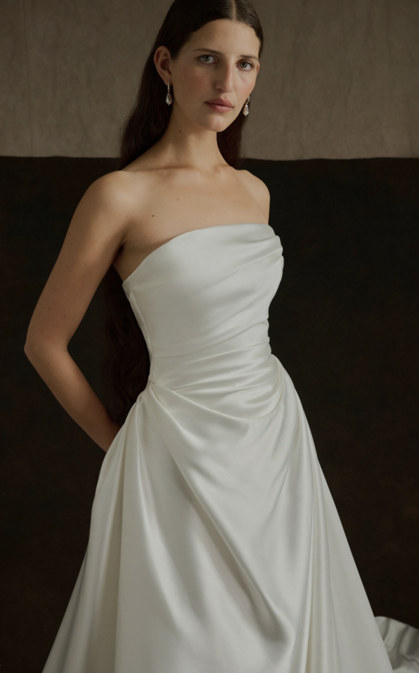 Strapless Satin A‑Line Wedding Dress With Flowing Train by Enaura Bridal - Image 2