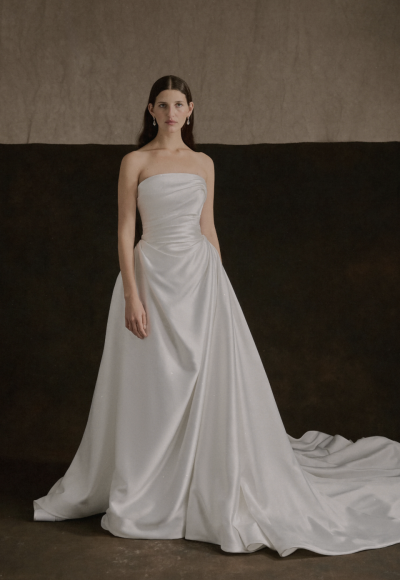Strapless Satin A‑Line Wedding Dress With Flowing Train by Enaura Bridal