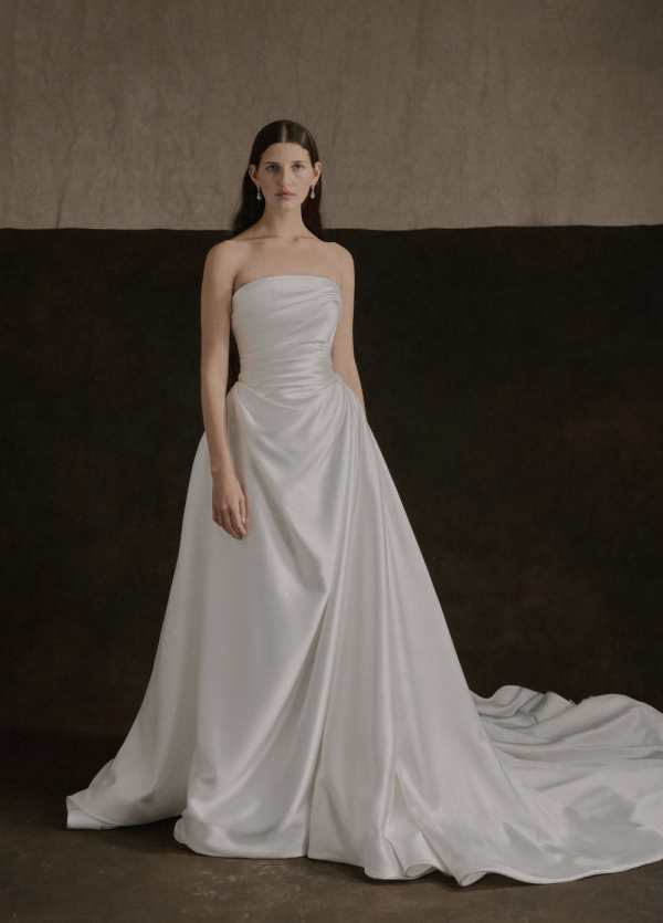 Strapless Satin A‑Line Wedding Dress With Flowing Train by Enaura Bridal - Image 1