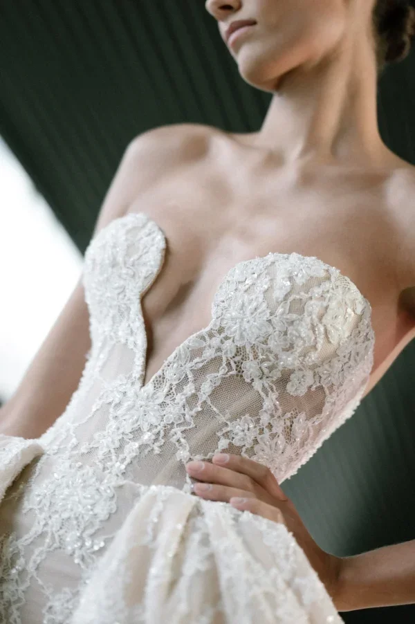 Modern Lace Ball Gown With Plunging Neckline by Senstudio - Image 2