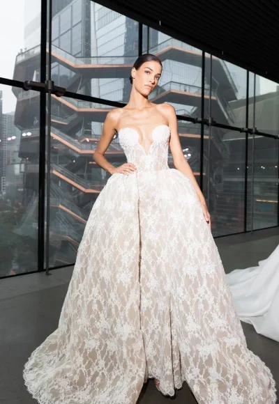 Modern Lace Ball Gown With Plunging Neckline by Senstudio