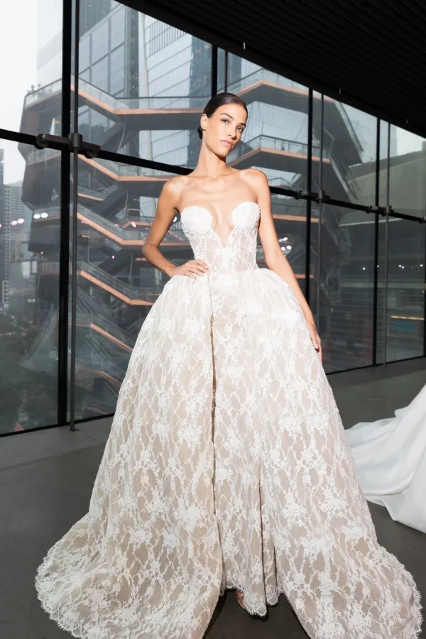 Modern Lace Ball Gown With Plunging Neckline by Senstudio - Image 1