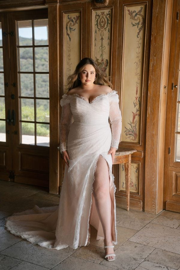 Plus-Size Romantic Lace Off-The-Shoulder Sheath Dress by Allure Bridals - Image 1