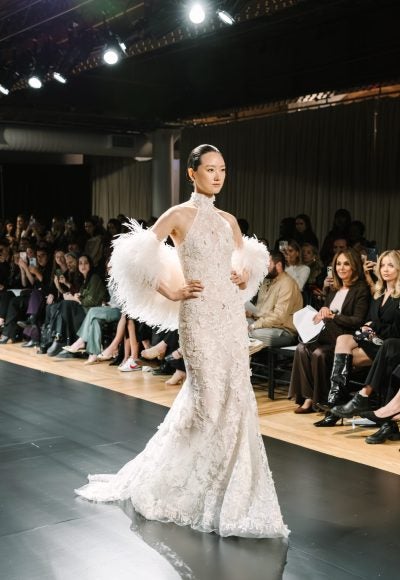 Glamorous Halter-Neck Embellished Lace Sheath Wedding Dress by Pnina Tornai