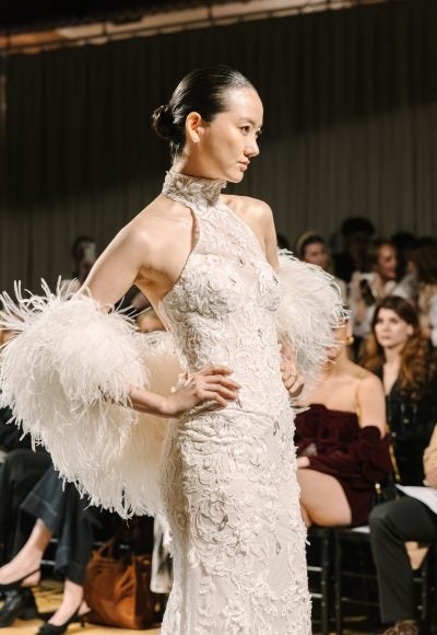 Glamorous Halter-Neck Embellished Lace Sheath Wedding Dress by Pnina Tornai - Image 2