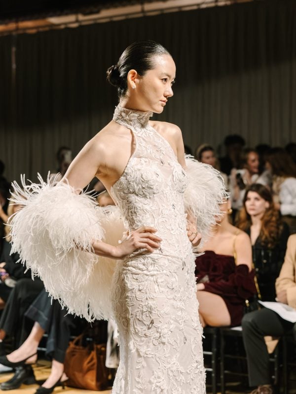 Glamorous Halter-Neck Embellished Lace Sheath Wedding Dress by Pnina Tornai - Image 2