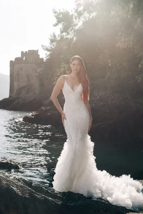 Shimmering Fit-And-Flare Wedding Dress With Ruffled Tulle Skirt by Disney Fairy Tale Weddings Collection - Image 1