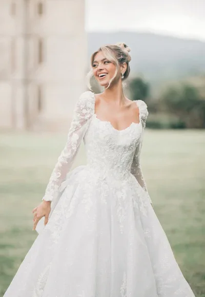 Plus-Size Sparkly Tulle Long-Sleeve Ball Gown by Disney Fairy Tale Weddings Collection - Image 3