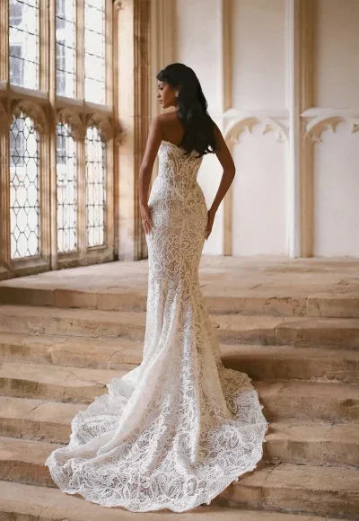 Shimmering Lace Sheath Wedding Dress With Off-The-Shoulder Sleeves by Disney Fairy Tale Weddings Collection - Image 4