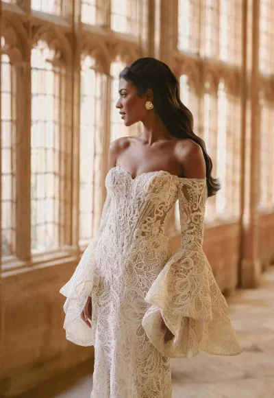 Shimmering Lace Sheath Wedding Dress With Off-The-Shoulder Sleeves by Disney Fairy Tale Weddings Collection