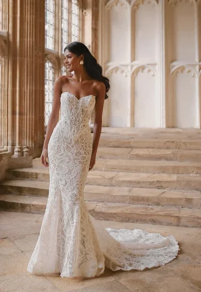 Shimmering Lace Sheath Wedding Dress With Off-The-Shoulder Sleeves by Disney Fairy Tale Weddings Collection - Image 3