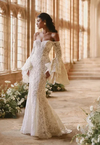 Shimmering Lace Sheath Wedding Dress With Off-The-Shoulder Sleeves by Disney Fairy Tale Weddings Collection - Image 2
