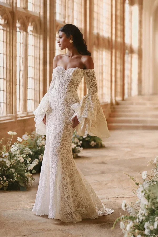 Shimmering Lace Sheath Wedding Dress With Off-The-Shoulder Sleeves by Disney Fairy Tale Weddings Collection - Image 2