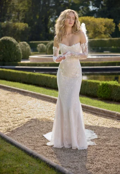 Strapless Lace Sheath Wedding Dress With Detachable Sleeves by Ines by Ines Di Santo