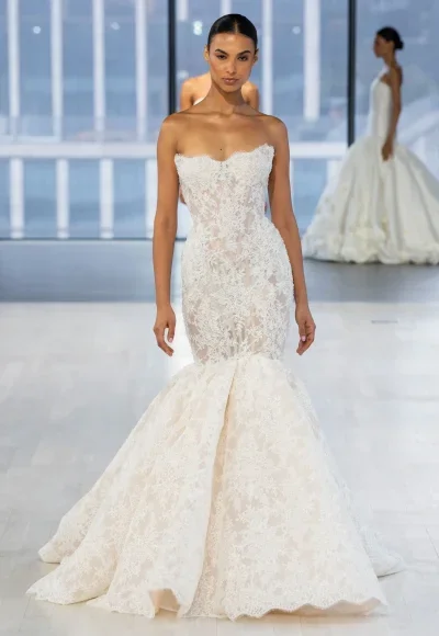 Delicate Lace Strapless Mermaid Wedding Dress by Nicole + Felicia