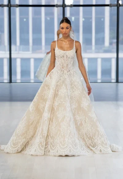 Scoop-Neck Lace Ball Gown by Nicole + Felicia - Image 1