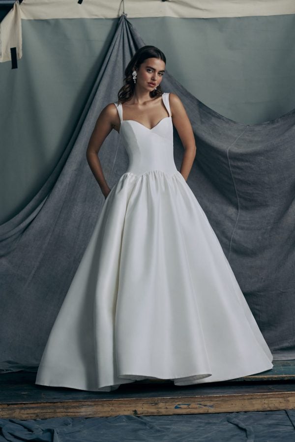 Sleek And Simple Silk Ball Gown With Straps And Buttons by Anne Barge - Image 1