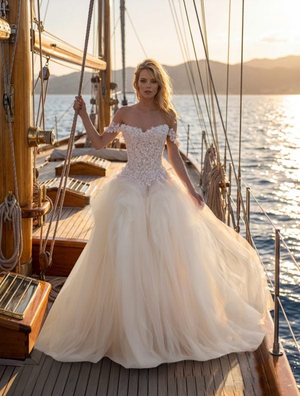 Elegant A-Line Wedding Dress With Tulle Skirt by Randy Fenoli - Image 1