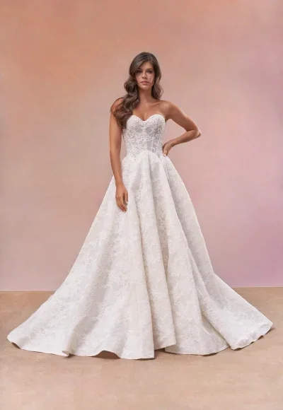 Modern Double Basque-Waist A-Line Wedding Dress by Maria Farbinni