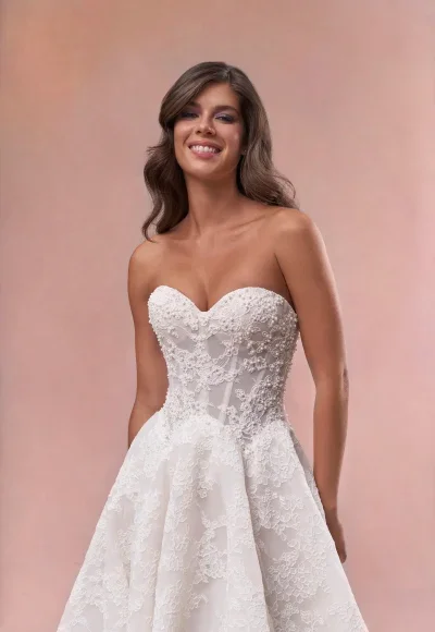 Modern Double Basque-Waist A-Line Wedding Dress by Maria Farbinni - Image 2